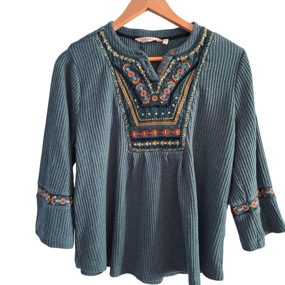 Soft Surroundings Tops - Soft Surroundings Waffle Knit Top Womens PXL Teal Embroidered Boho Henley Blouse